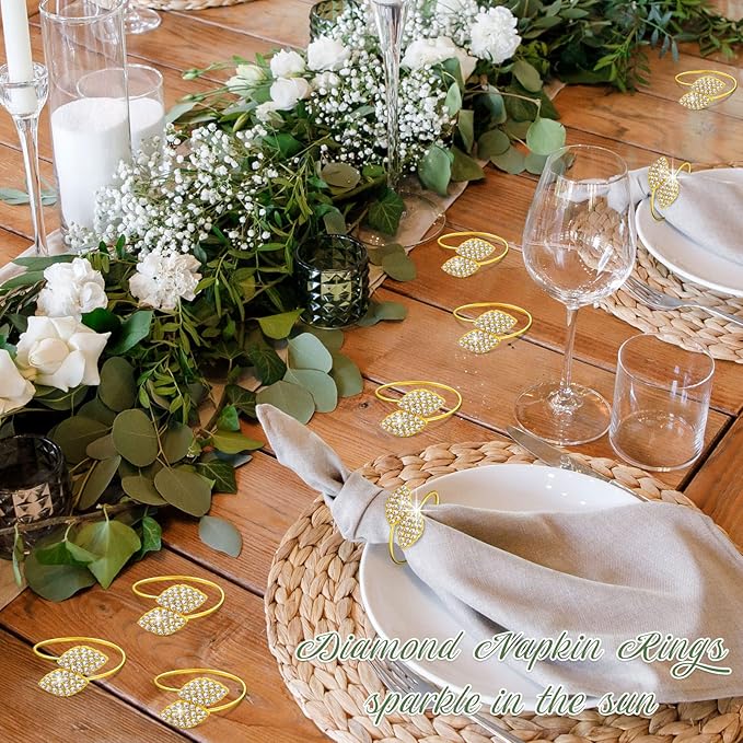Hotop 60 Pcs Napkin Rings Gold Table Decorations, Elegant Bling Leaves Napkin Rings, Rhinestone Guest Towels Buckle for Wedding Gold Party, Thanksgiving Christmas Dinner Banquet Table Decoration