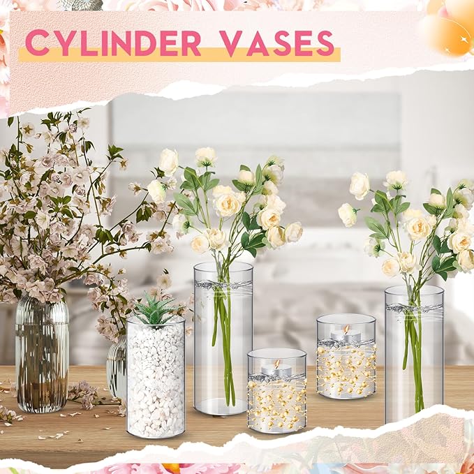 Cylinder Vases, 48 Pack Clear Plastic in 3 Sizes for Floral Centerpieces