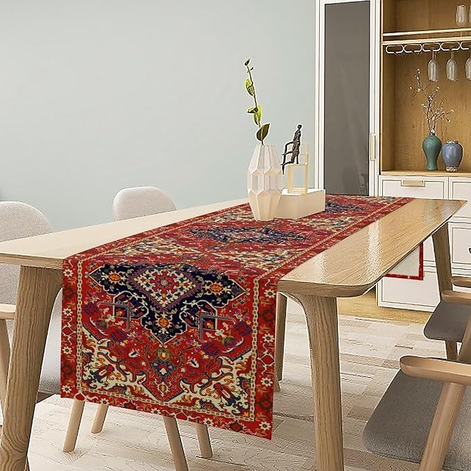 Boho Old French Table Runner, Vintage Red Beige Retro Flower Rustic Country Style Floral Print Pattern for Home Kitchen Table Decor Dining Coffee Room Garden Party Decor 13x90in