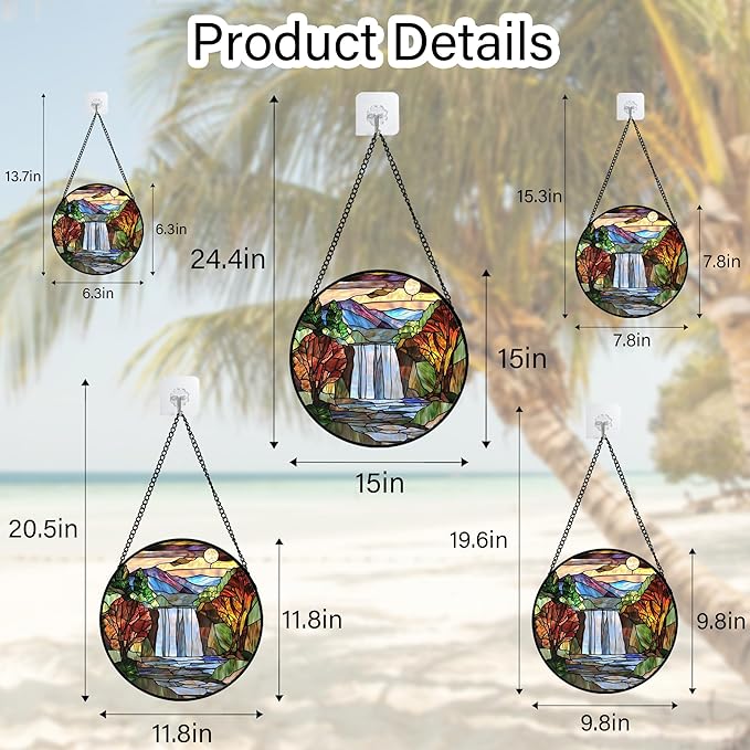 Stained Glass Window Hanging, Abstract Landscape Waterfall Mountains Trees Suncatcher for Doors Window Home Sun Catchers Decor Mother's Day Birthday Gifts for Women Men Mom 9.8 in