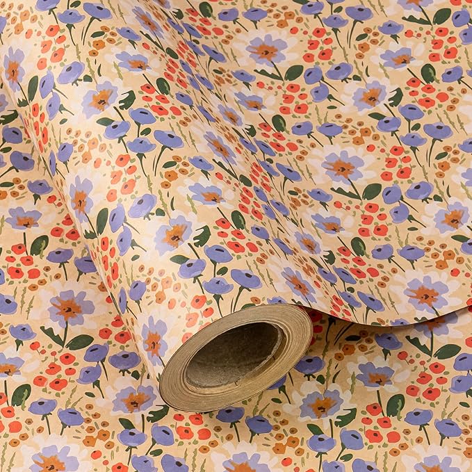 WRAPAHOLIC Kraft Floral Wrapping Paper Roll - Mini Roll - 17 Inch x 9.8 Feet - Watercolor Flower Wrapping Paper, Perfect for Wedding, Birthday, Bridal Shower, Tea Party