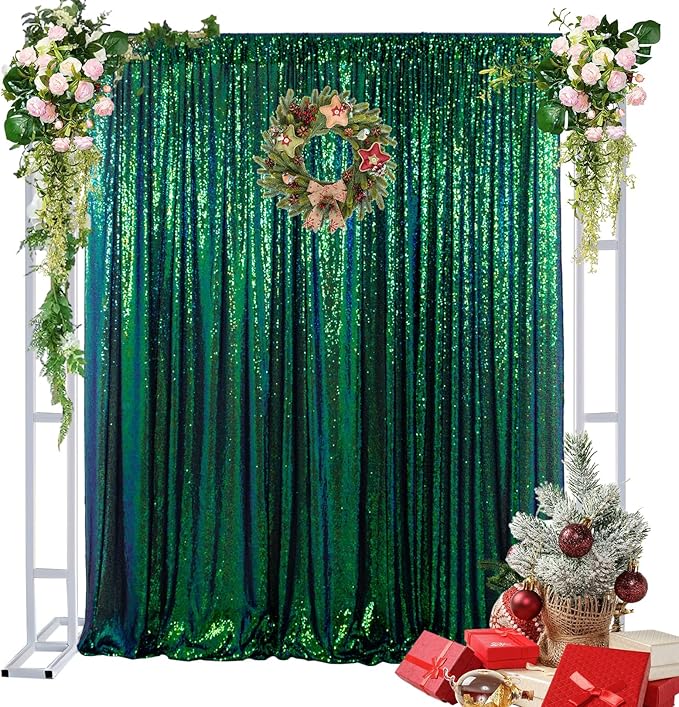 Sequin Backdrop Curtain, 10 x 10 ft Green Party Photo Backdrop, Seamless Single Panel