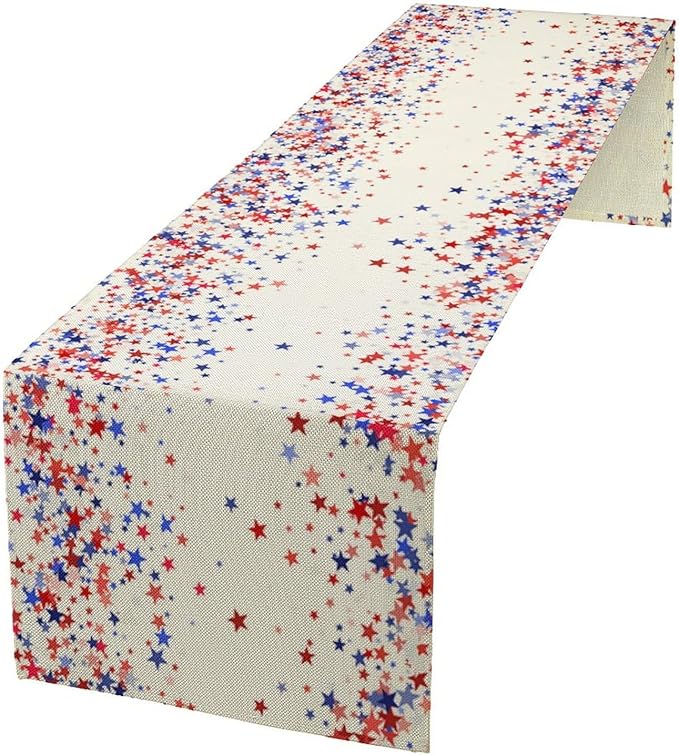 Independence Day Table Runner, 4th of July Red Blue Stars American President Day Holiday Confetti Print Table Cover for Kitchen Dining Table Indoor Outdoor Party, 13x60inch
