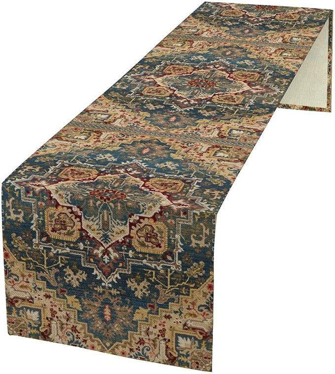 Boho Bohemia Style Table Runner, Country Rustic Farmhouse Vintahe Colorful Geometry Print Table Runner for Home Kitchen Dinner Party Holiday Decor, 13x120inch