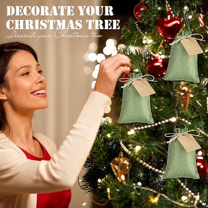 Gift Bags: 100 Burlap Drawstring Pouches in Army Green with Kraft Tags