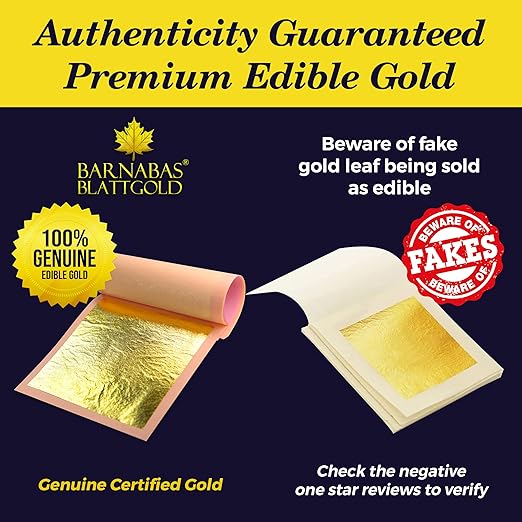 Barnabas Blattgold Edible Gold Leaf 24K - Cake Decorations, Loose Gold Leaf Sheets for Cupcakes - 3.1 inches, Book of 10