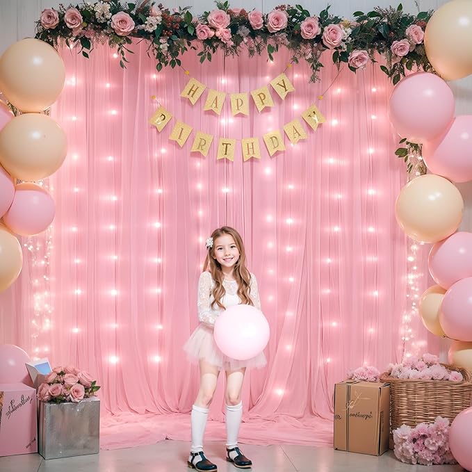 Sheer Backdrop Curtains with Lights String for Weddings Baby Showers, 10x10ft Sheer Tulle Photo Backdrop Curtains for Birthday Party Photography Background Decoration, Pink