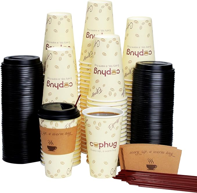 Coffee Cups 16 oz Yellow Paper, 100 Pack with Lids and Sleeves