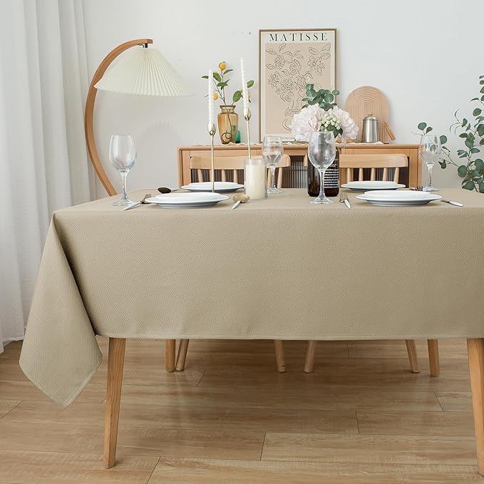 Biscaynebay Textured Fabric Tablecloths 90x132 Inches Rectangular, Natural Water Resistant Tablecloths for Dining, Kitchen, Wedding, Parties etc. Machine Washable