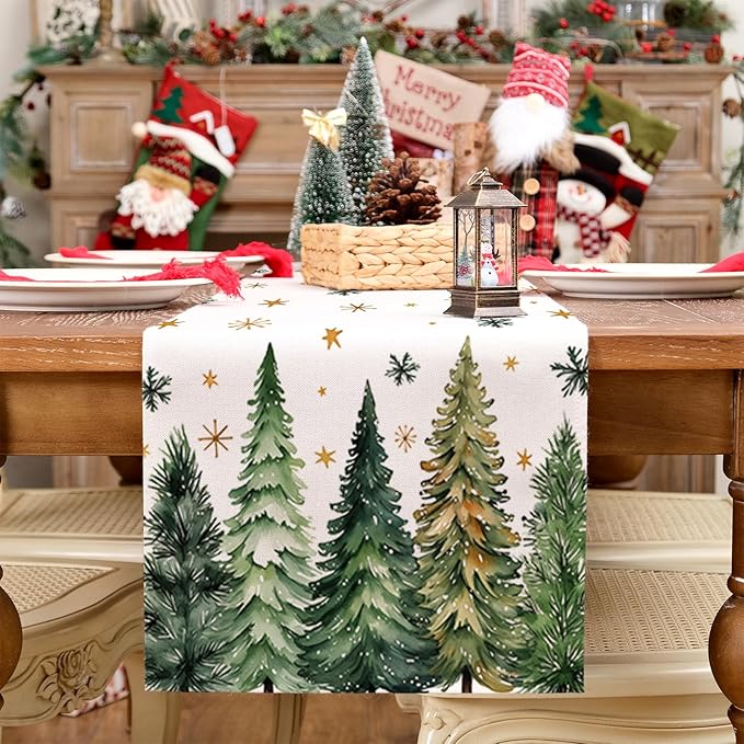 GEEORY Christmas Table Runner 13x60 Inch, Xmas Tees Snowflakes Holiday Decorative Farmhouse Table Decoration for Kitchen Dinning, Indoor Outdoor Dinner Party Decor (Light Green) GT166-60