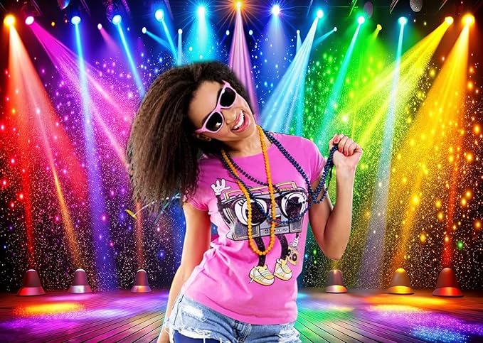 LTLYH 10x8ft Fabric Disco Rainbow Stage 70s 80s 90s Backdrop Vintage Lights Photography Background Rock Music Club Neon Glow Party Decorations Photo Banner 312