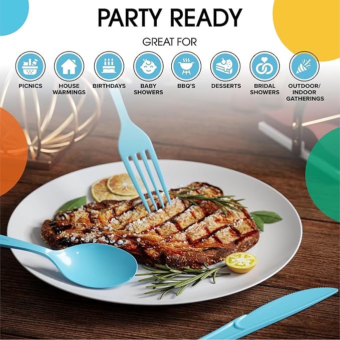 Plastic Spoons, Forks and Knives Set, Light Blue, 300 Pieces