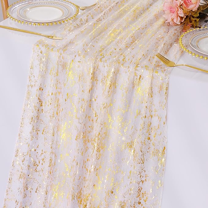 LOMOHOO 10 Ft Gold Table Runner, Golden Sheer Sequin Table Runners 120 Inches Long Glitter Metallic Foil Lace Fabric Table Decor for Birthday Party Wedding Anniversary Centerpiece (1pcs)