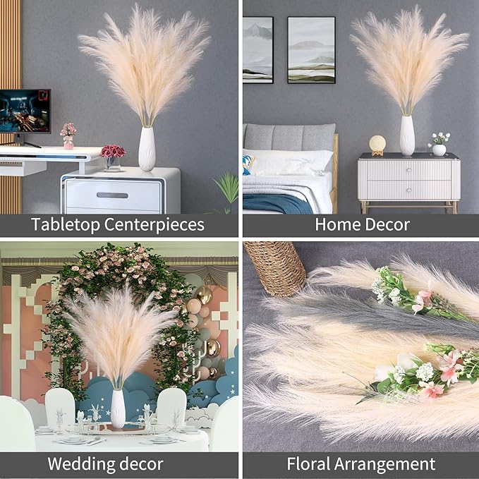 Faux Pampas Grass 6 Stems, Artificial Pampas Grass - 43 inch Total Extra Large Pompass Grass Tall Pompous Boho Flower Arrangement and Floor Vase Filler Home Decor for Room Wedding Party (Blue)