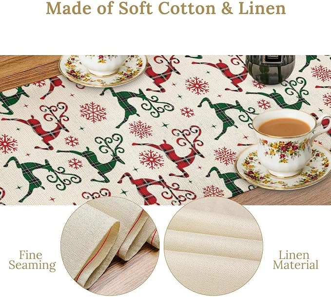 Christmas Table Runner,Christmas Plaid Deer Print Farmhouse Table Cloth Kitchen Dining Table Decoration for Home Party Decor 13x120 Inch