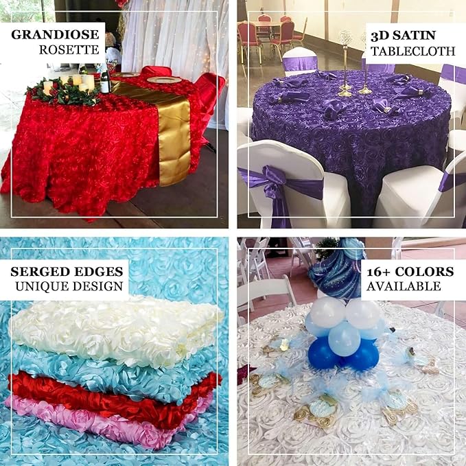 Efavormart 120" Wholesale Round Table Cover Light Blue Grandiose Rosette 3D Satin Tablecloth for Wedding Party Event Decoration
