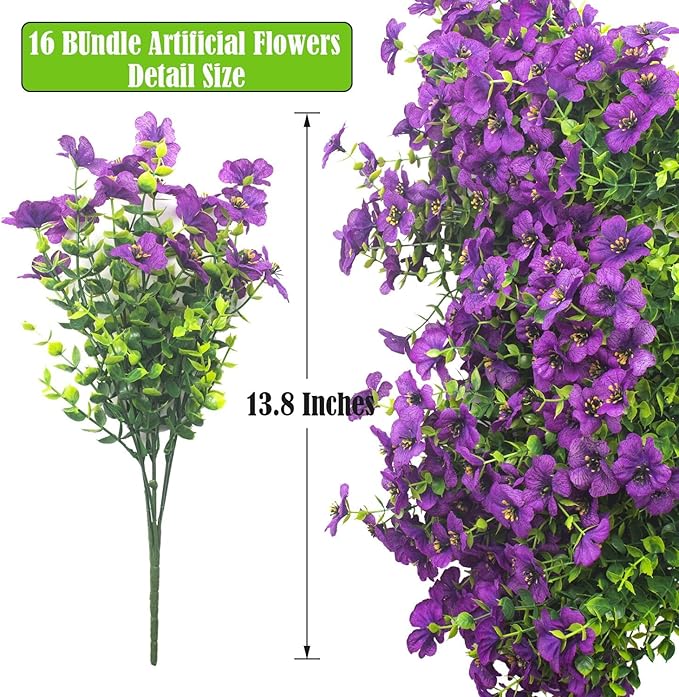 Artificial Flowers Faux Boxwood Greenery in Purple, Plastic, 16 Bundles