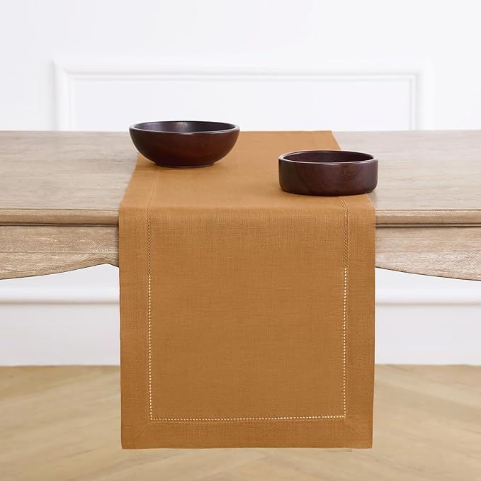 Solino Home Linen Table Runner 36 Inches - 100% Pure Linen Brown Sugar Hemstitch Table Runner 14 x 36 Inch Ideal for Dresser and Coffee Tables - Fall, Autumn, Thanksgiving - Classic Hemstitch