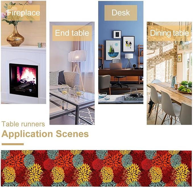 Red Yellow Dahlia Table Runner, Seasonal Autumn Thanksgiving Pattern Print for Home Kitchen Table Decor Dining Coffee Room Party Decor 13x60 Inch