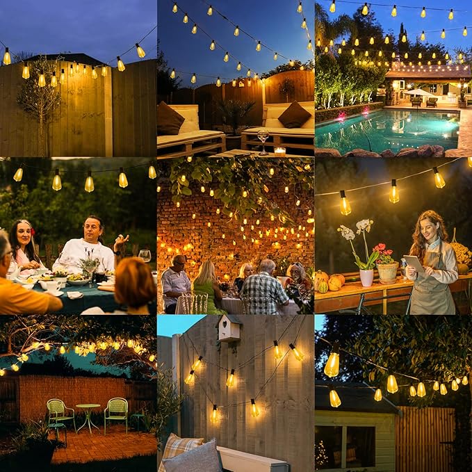 String Lights 100FT Outdoor with 52 Edison Bulbs, Black Wire