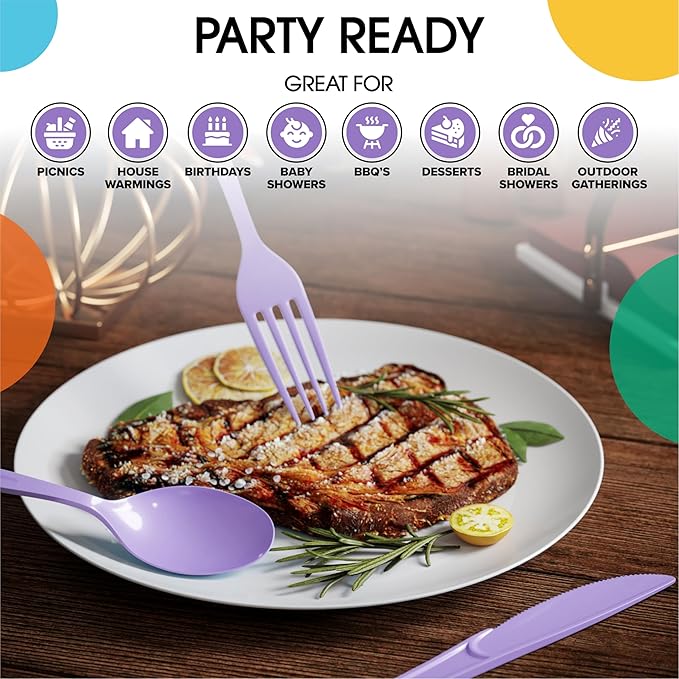 Plastic Cutlery Set, 300 Pieces, Lavender Disposable Forks, Spoons and Knives