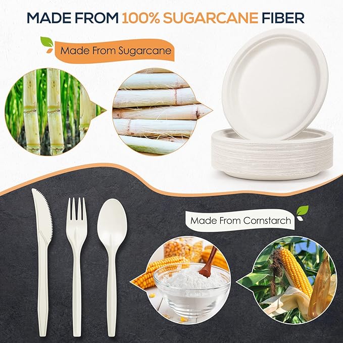 Plates 250-Piece Compostable Bagasse Disposable Dinnerware Set in White