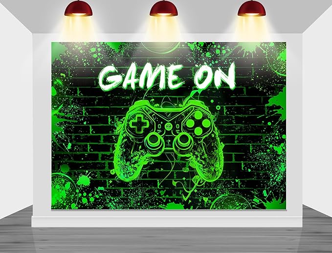 Mocsicka Game On Backdrop Video Game for Boys Level Up Birthday Party Decoration Game Night Arcade Neon Glow Gamer Banner Photography Background (Green, 7x5ft(82"x60"))