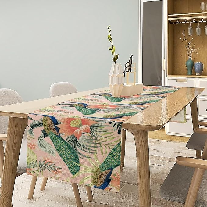 Peacock Table Runner,Pink Flower Peacock Birds Table Runner for Home Kitchen Dining Party Indoor Outdoor Decoration 13x90 Inch