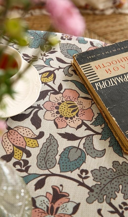 ISAENNE Designer Boho Floral Small Round Tablecloth,Linen Lotus Flower Pattern Colorful Table Cloth,Durable Decor Tablecloths for Dining Thanksgiving Kitchen Christmas,Diameter 55"-Hazel A
