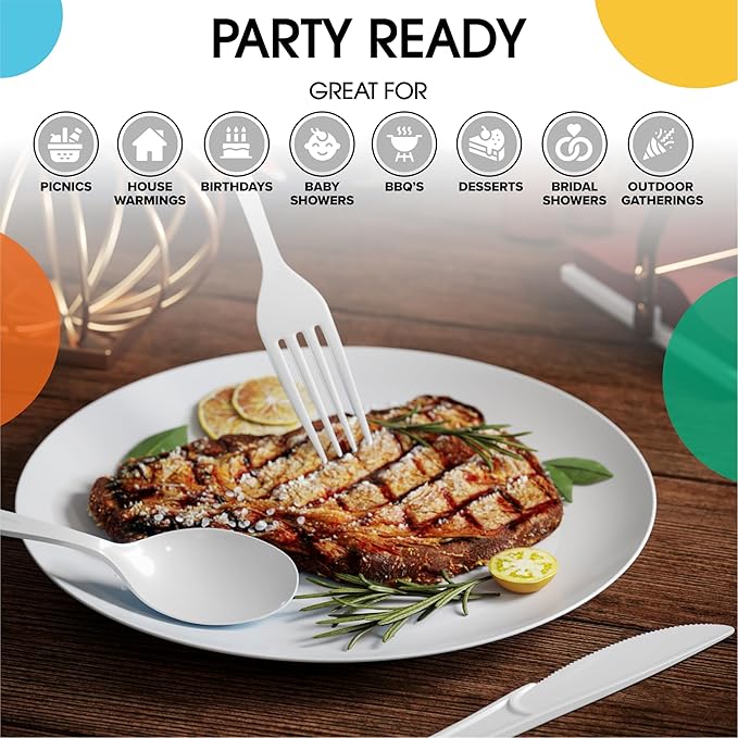 Disposable Plastic Spoons, Forks and Knives Set, 300 Count White