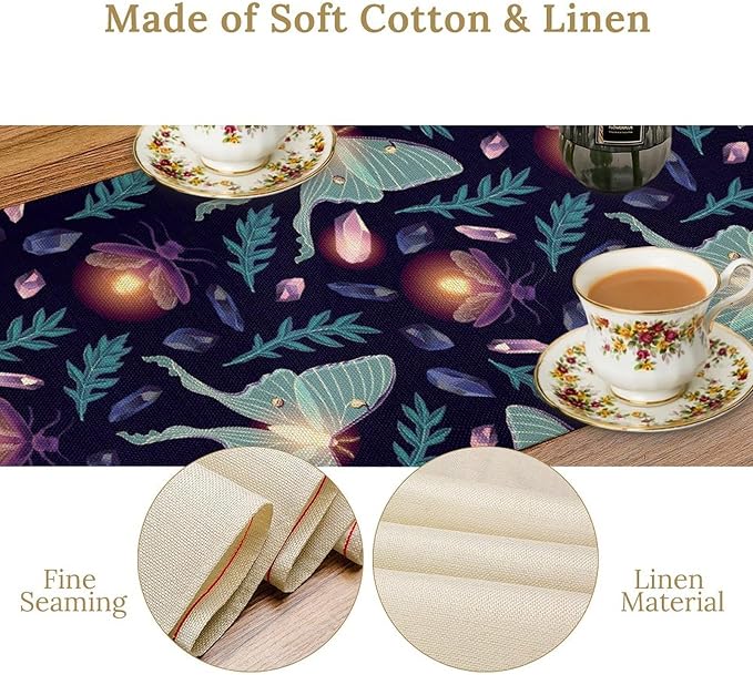 Moth Table Runner, Retro Boho Aesthetic Blue Moth Magic Table Runner for Home Kitchen Dining Party Indoor Outdoor Decoration 13x60 Inch