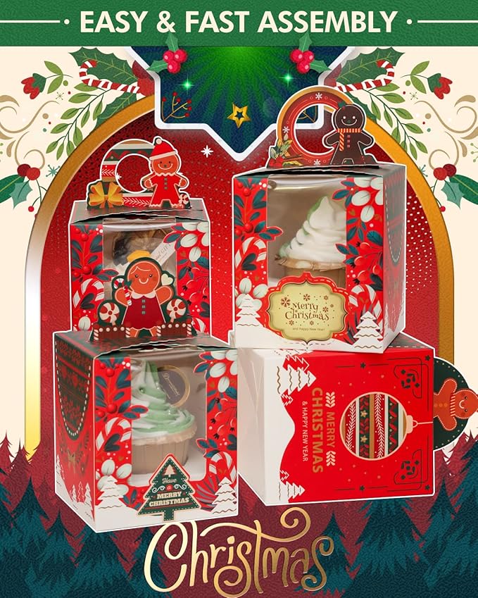 Cupcake Carriers 50 Count Auto-Pop Boxes with Inserts, Christmas Cookie