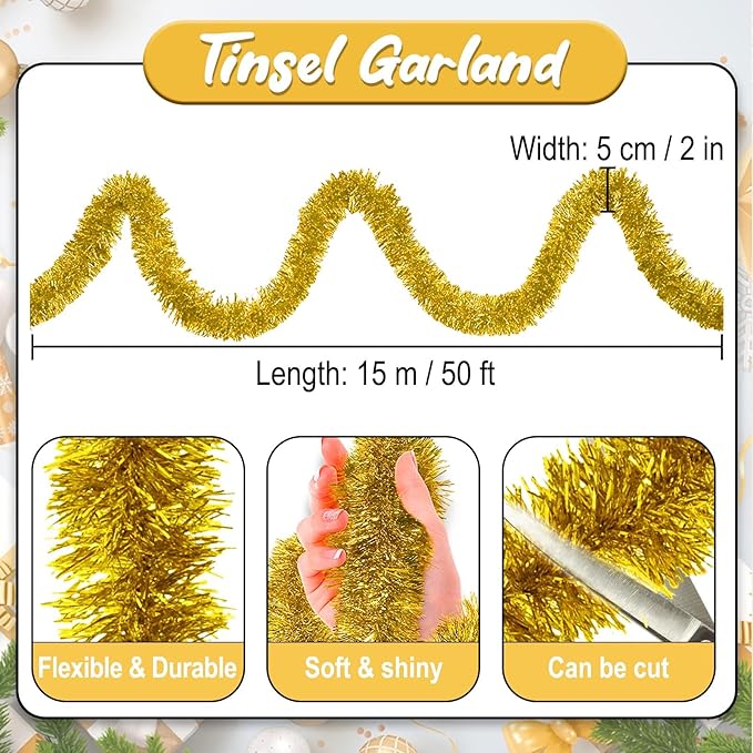 50 Feet Gold Christmas Tinsel Garland, Metallic Foil Twist Banner Wall Hanging Tinsel Streamers Backdrop for Parade Floats, Christmas, Mother's Day, Birthday Party Decorations(2in x 50ft)