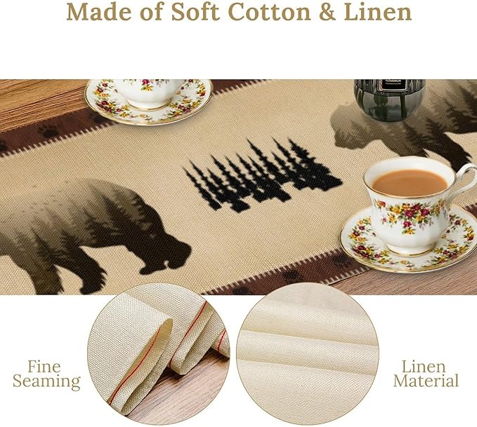 Vintage Bear Table Runner Forest Retro Rustic Cabin Farmhouse Table Runner for Party Dinner Bedroom Living Room Kitchen 13x36 Inch