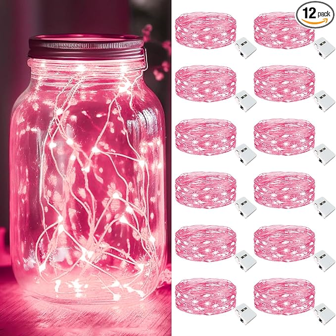 kolpop 12 Pack LED Fairy Lights Battery Operated, Mini Twinkle String Lights Battery Powered Waterproof for Christmas Mason Jars Party,Pink
