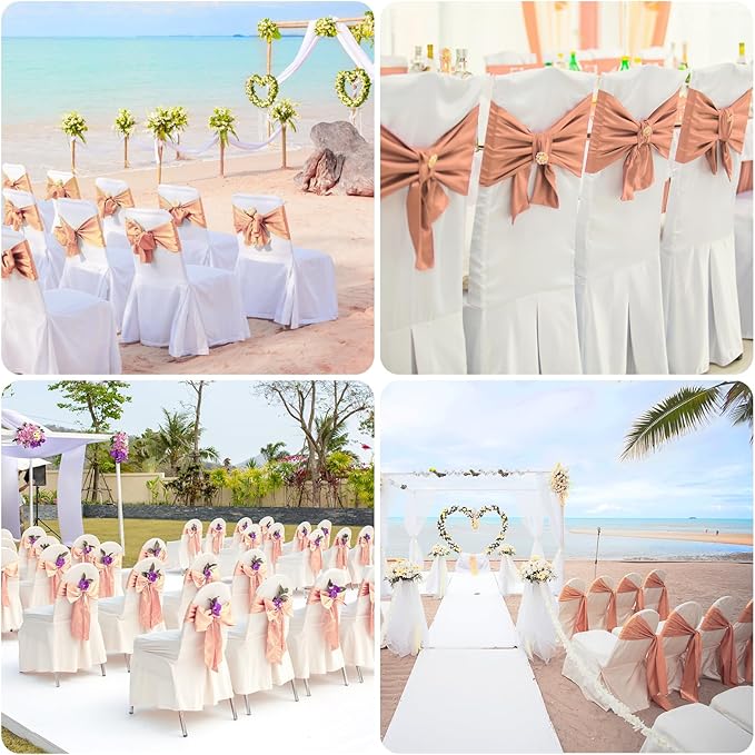 50 PCS Rose Gold Satin Chair Sashes Bows Universal Chair Ribbon Ties Back Sash for Wedding Party Reception Events Banquets Hotel Event Chair Cover Decoration (7x108 inch)