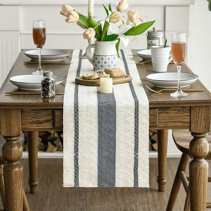 Artoid Mode Dark Grey Farmhouse Woven Rustic Table Runner, Seasonal Holiday Hollow Kitchen Dining Table Decoration for Home Party Decor 12x108 Inch
