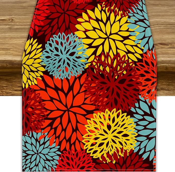 Red Yellow Dahlia Table Runner, Seasonal Autumn Thanksgiving Pattern Print for Home Kitchen Table Decor Dining Coffee Room Party Decor 13x60 Inch