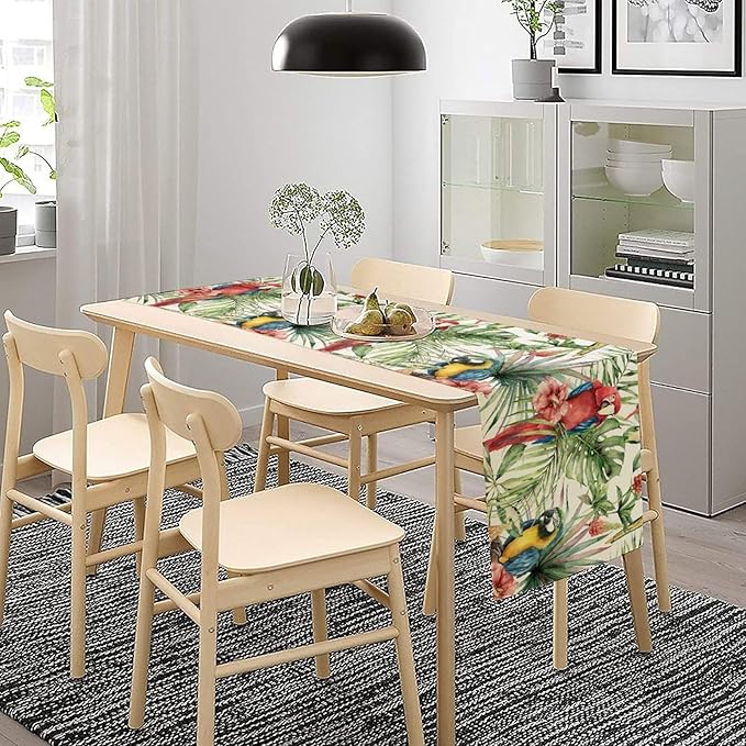Parrot Table Runner,Tropical Palm Leaf Colorful Macaw Bird Watercolor Print Tablecloth Burlap for Hotel Indoors Outdoor Dining Room Kitchen Home Decor,W13X L60 in