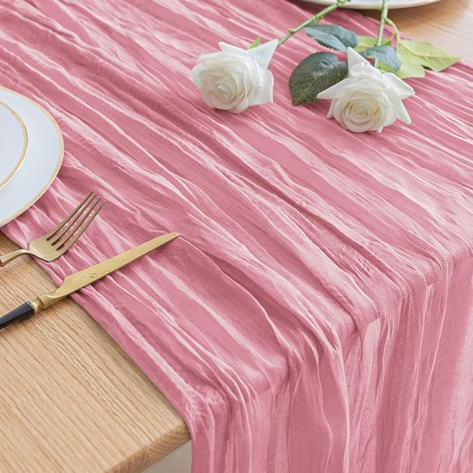 Asee'm Cheesecloth Table Runner 120 Inches Pink Boho Gauze Cheese Cloth Runner 10FT Rustic Sheer Dining Fall Table Runners for Thanksgiving Wedding Baby Shower Centerpiece Decoration
