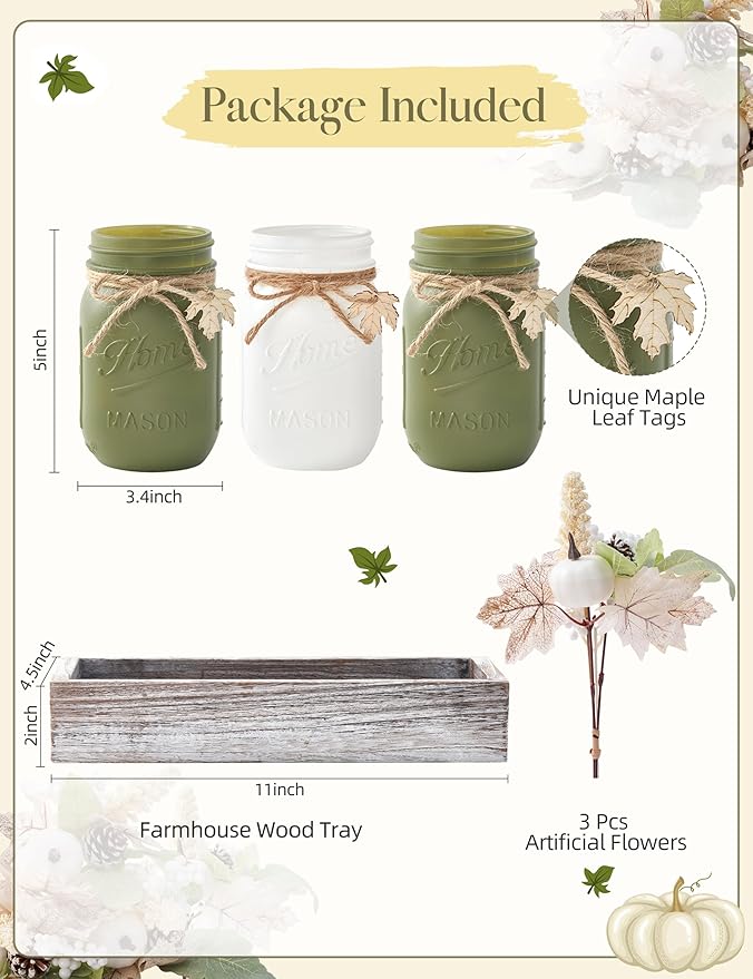 Fall Thanksgiving Table Decor, Centerpieces for Tables with Mason Jar, Fake Flowers, Wood Tray, 16 Pcs Pumpkin Fall Thanksgiving Centerpieces Table Decorations for Home, Farmhouse Kitchen Decor