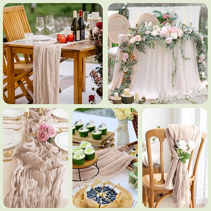 Asee'm 2pcs Cheesecloth Table Runner 120 Inches Long Nude Pink Boho Gauze Cheese Cloth Runner 10FT Rustic Sheer Table Runners for Christmas Wedding Party Baby Shower Spring Easter Decoration