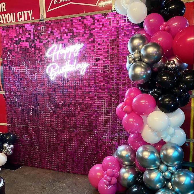 Qcity Hot Pink Shimmer Wall Backdrop 24PCS, Black Back Not See-Through Design, Square Sequin Glitter Backdrop Panel, Perfect for Outdoor Events, Birthdays, Wedding and Party Decoration