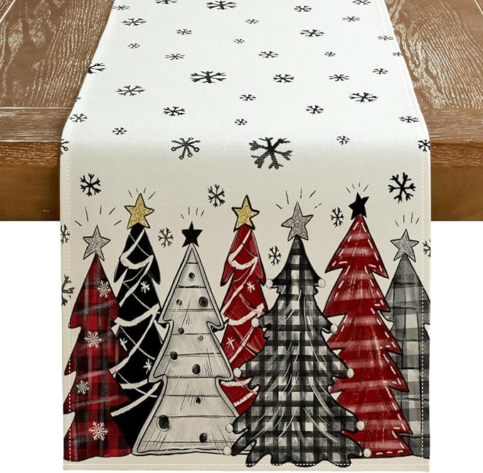 GEEORY Christmas Table Runner 13x120 Inch, Xmas Tees Snowflakes Holiday Decorative Farmhouse Table Decoration for Kitchen Dinning, Indoor Outdoor Dinner Party Decor ((Red & Black) GT165-120