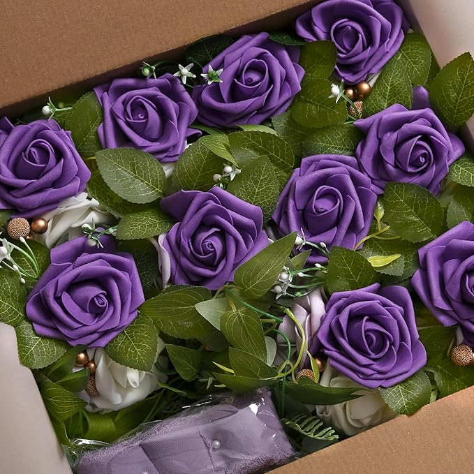 Artificial Flowers: Purple Rose Pew Flowers for Chairs, Set of 10