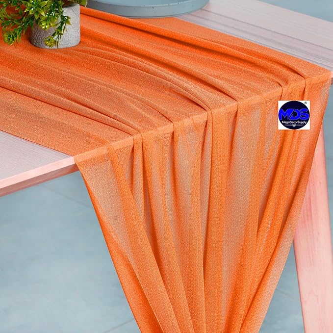 MDS 20 Pack 10ft Chiffon Table Runner 29 x 120 Inches Sheer Wedding Runner Romantic Rustic Table Runner for Wedding Decorations, Birthday Parties, Bridal Shower Party Arch Decor - Orange