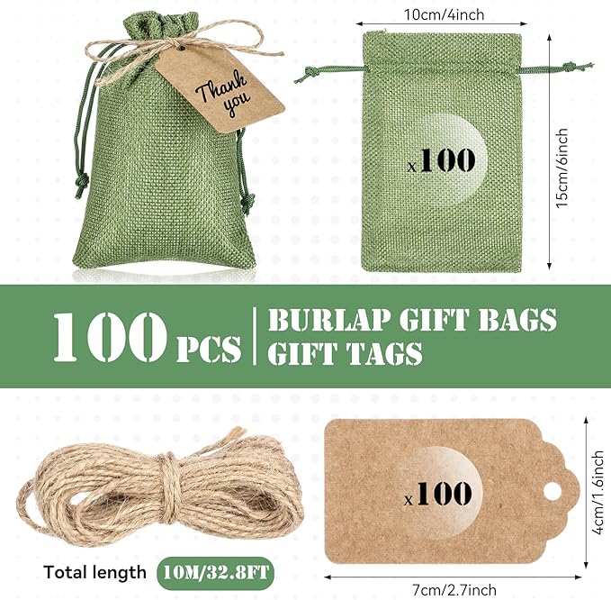 Gift Bags: 100 Burlap Drawstring Pouches in Army Green with Kraft Tags