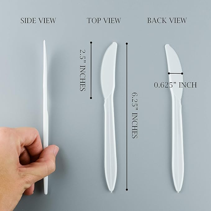Disposable Plastic Cutlery Knives in White, Glossy Finish, 1000 Count