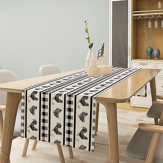Rooster Table Runner,Farmhouse Animal Vintage Chicken Black White Plaid Check Tablecloth Burlap for Hotel Indoors Outdoor Dining Room Kitchen Home Decor,W13X L108 in