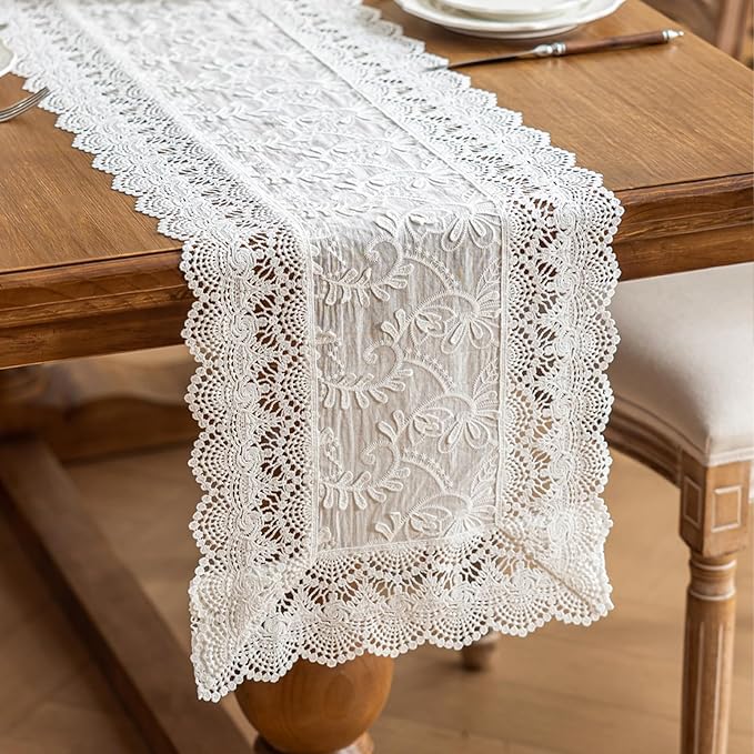 White Elegant Vintage Lace Table Runner,Wedding Lace Decor with Floral Embroidery,Tea Party Decor (White, 13.8X55 Inches)